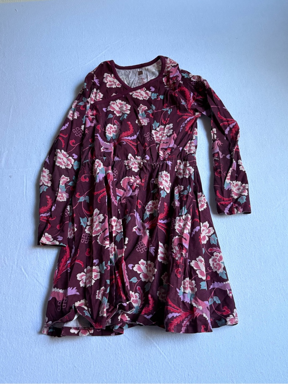Tea Collection Burgundy Floral Long Sleeve Dress with Pink Accents